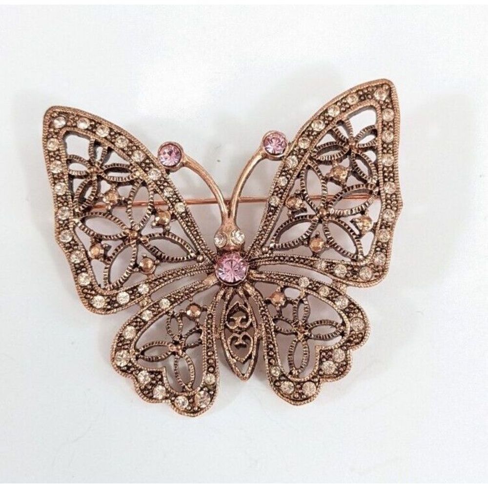 Butterfly Shaped Copper Toned Butterfly Brooch Pink And White Rhinestones